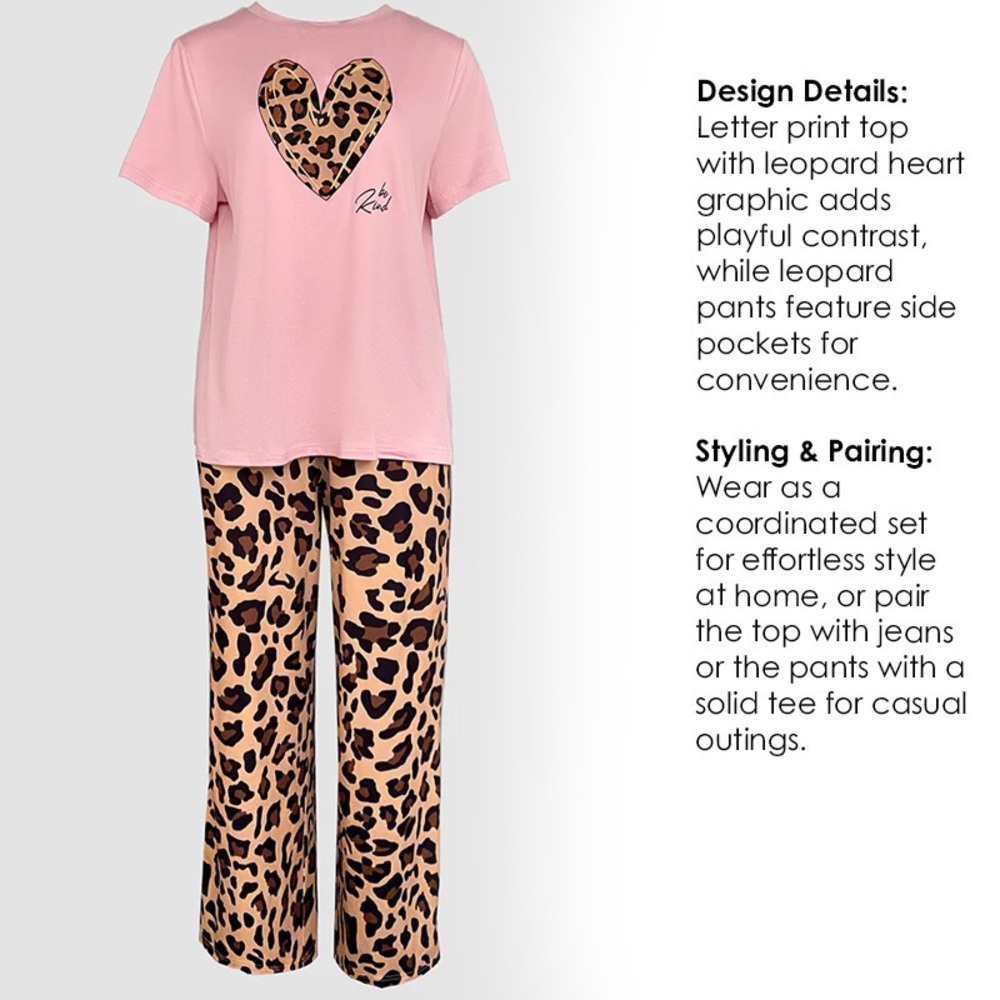 Chic Pink and Brown Leopard Heart Pajama Set - Picture 3 of 10